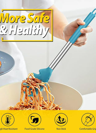 Silicone Pasta Fork and Ladle Spoon Set, Large Non Stick Kitchen Utensils for Cooking,Stirring,Serving Spaghetti, Soup, Sauce (BLUE)
