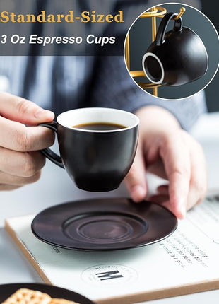 YHOSSEUN 3 Ounces Espresso Cups with Saucers Set, Porcelain Latte Cups and Metal Stand Demitasse Cups for Espresso, Latte, Cafe Mocha, Cappuccino and Tea, Set of 6, Black