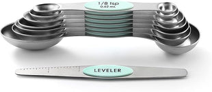 Spring Chef Stainless Steel Magnetic Measuring Spoons Set of 8 with Leveler, Metal Teaspoon & Tablespoon Measuring Spoons, Fits in Spice Jars, Kitchen Gadgets for Baking & Cooking - Set of 2 - Mint
