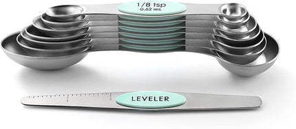 Spring Chef Stainless Steel Magnetic Measuring Spoons Set of 8 with Leveler, Nesting Metal Teaspoon & Tablespoon Measuring Spoons, Kitchen Gadgets for Baking & Cooking, Fits in Spice Jars - Mint