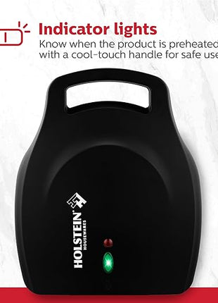 Holstein Housewares Stainless Steel 4 Section Omelet Maker, Non Stick Coating, Mess Free Cooking, Easy Cleaning, Indicator Lights, Upright Storage & Anti Slip Feet For Quick Meals. 4 Portions, Black