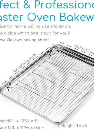 Cookie Sheet and Cooling Rack Set, 16 inch Stainless Steel Baking Pan with a Rack, Professional Bakeware, Healthy & Non-toxic & Rustproof & Easy Clean & Dishwasher Safe