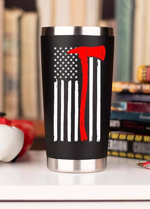 Firefighter Gifts for Men | Stainless Steel Travel Tumbler/Mug with Lid for Coffee Cup| Thin Red Line Flag Design for Fireman | Fire Department | First Responder Valentine's Day Gift (20oz Black)