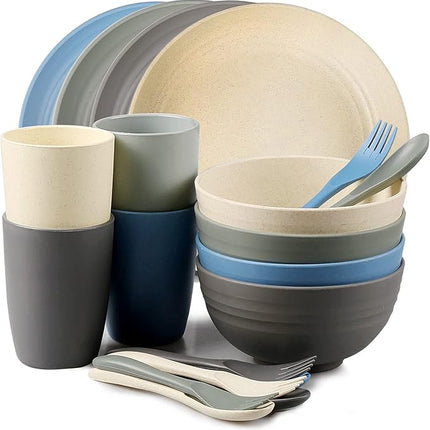 Shopwithgreen Wheat Straw Dinnerware Sets for 4, 20 PCS Unbreakable Plates and Bowls Sets, Reusable Dinner Dishes Set, Bowls, Cups, Plates for Camping, Kitchen, RV, Dorm, Dishwasher Microwave Safe