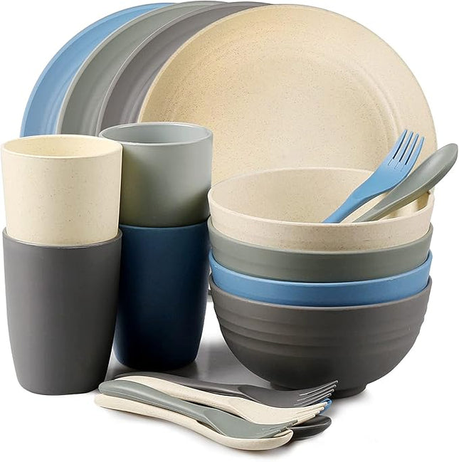 Shopwithgreen Wheat Straw Dinnerware Sets for 4, 20 PCS Unbreakable Plates and Bowls Sets, Reusable Dinner Dishes Set, Bowls, Cups, Plates for Camping, Kitchen, RV, Dorm, Dishwasher Microwave Safe