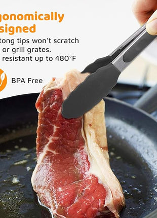 Popco 3-Piece Kitchen Tongs Set – Stainless Steel Heat Resistant Silicone Tips, Strong Comfort Grip, 3 Sizes (7, 9, 12 Inch), Non-Scratch, Dishwasher Safe, for Cooking, BBQ, Salad