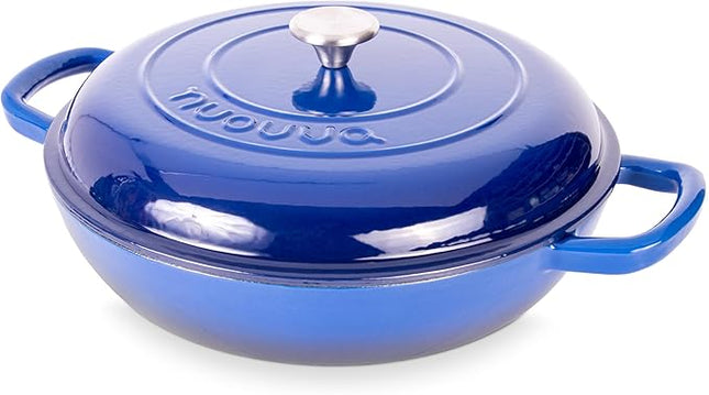 Shallow Cast Iron Casserole with Lid – Non Stick Dutch Oven Pot, Oven Safe up to 500° F – Sturdy Ovenproof Stockpot Cookware – Enamelled Cooking Pot – Dark Blue, 5-Quart, 32cm – by Nuovva