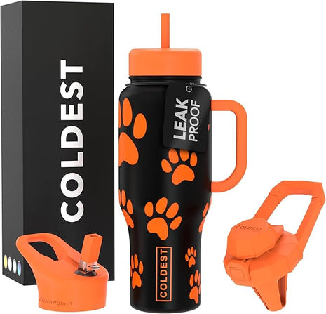 Coldest Tumbler with Handle and Straw, 100% Leak Proof Insulated Tumbler with Lid and Straw (3 Lids), Stainless Steel Tumblers for Women & Men, Cup Holder Friendly Base, 36 oz (Pumkin Paws)