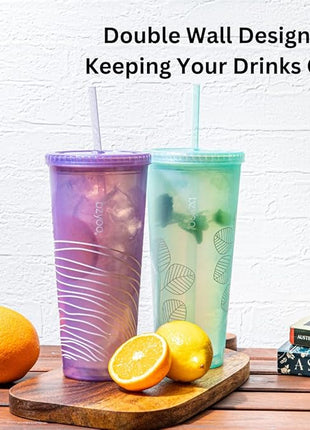 bzyoo SIP 24oz (710ml) Double Wall Plastic Tumbler with Lid and Straw Cold Drink Travel Mug Reusable Ice Coffee Tea Cup Perfect for Office Poolside Parties Gifts Color: Pearl Purple