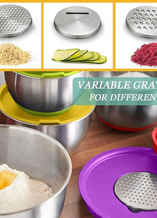 Wildone Mixing Bowls with Airtight Lids, 22 PCS Stainless Steel Mixing Bowls Set, 3 Grater Attachments, Measurement Marks & Non-Slip Bottom, Size 5, 4, 3, 2,1.5, 0.63QT, Ideal for Mixing & Prepping