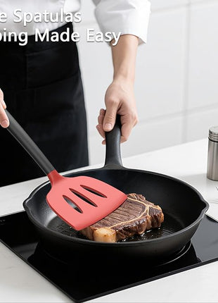 Coukre 3 Pack Silicone Spatula Set, High Heat Resistant, BPA-Free, Fish Spatula, Solid & Slotted Turner for Non-Stick Pans, Flipping Eggs, Pancakes, Fish, Burgers (3, RedBlack)