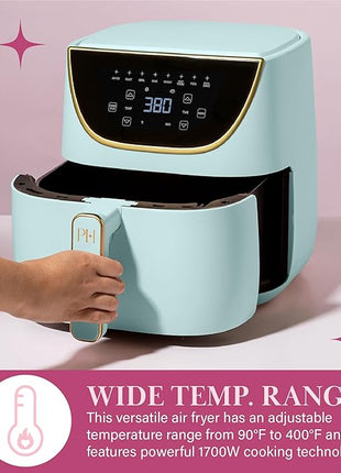 Paris Hilton Air Fryer, Large 6-Quart Capacity, Nonstick Made without PFAS, Touchscreen Display, 8-in-1 (Air Fry, Roast, Broil, Bake, Reheat, Keep Warm, Pizza, Dehydrate), Dishwasher Safe, Aqua
