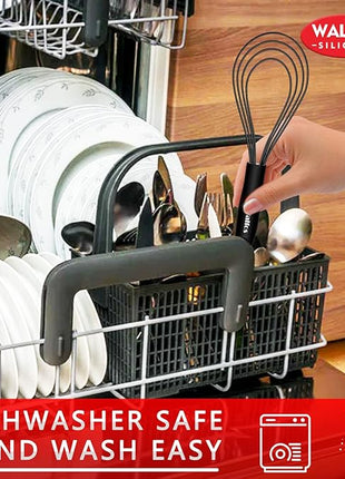 Walfos Silicone Flat Whisk,11inch Flat Whisk Non Scratch Coated Flat Whisks for Cooking.Great for Ceramic Coated pans and Wider shallower pots.Black