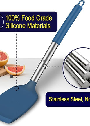 HOTEC Silicone Spatula Set of 2 Heat-Resistant 600°F & BPA-Free Kitchen SaptulaTurner with Stainless Steel Handles, Slotted & Solid Spatulas for Nonstick Cookware, 13.7 Inch, Classic Blue