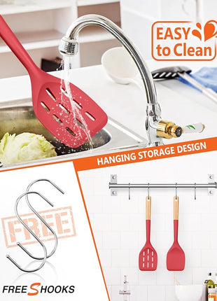 Pack of 2 Silicone Spatula, Non Stick Cooking Utensil Set Wooden Handle Kitchen Turner for Baking Mixing Grilling Serving Food Heat Resistant Non Scratch Hooks Included (Red)