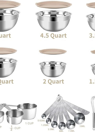 Mixing Bowls Set, 27PCS Khaki Mixing Bowls With Lids Set Stainless Steel Kitchen Large Nesting Metal Bowl 7QT to 1.5QT, Measuring Cups and Spoons for Prepping Cooking Serving