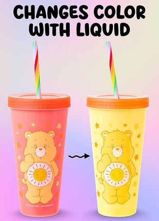 Silver Buffalo Care Bears Hearts and Stars 4 Pack Plastic Color Changing Tumblers with Rainbow Swirl Straws Featuring Tenderheart, Funshine, Cheer, and Grumpy Bear 24 Ounces