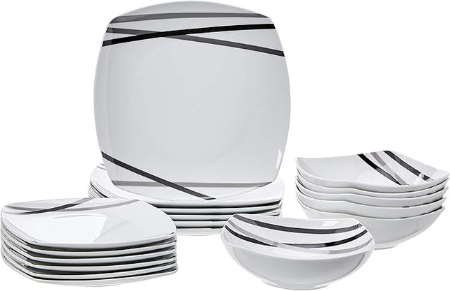 Amazon Basics 18 Piece Kitchen Dinnerware Set - Square Plates, Bowls, Service for 6 - Modern Beams