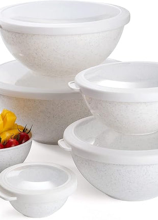 COOK WITH COLOR Mixing Bowls with TPR Lids - 12 Piece Plastic Nesting Bowls Set includes 6 Prep Bowls and 6 Lids, Microwave Safe Mixing Bowl Set (Speckled White)