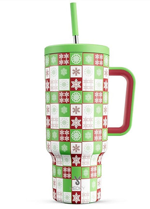Meoky 40 oz Christmas Tumbler with Handle and Straw, Xmas Tumbler with Lid and Straw, Insulated Stainless Steel Travel Mug, Christmas Gifts for Women Men Adults (Holly Check)