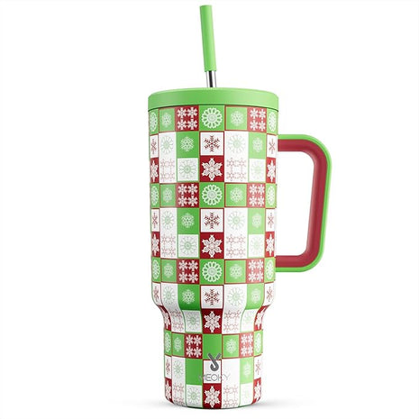 Meoky 40 oz Christmas Tumbler with Handle and Straw, Xmas Tumbler with Lid and Straw, Insulated Stainless Steel Travel Mug, Christmas Gifts for Women Men Adults (Holly Check)