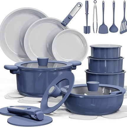CAROTE 27pcs Ceramic Cookware Set Nonstick, Pots and Pans Set Non stick, Non Toxic Cookware, Dishwasher/Oven Safe, RV/Camping Cookware Set, Pan and Pot with Kitchen Utensils, Navy Blue