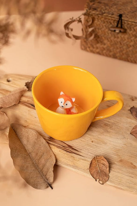 DIHOclub Fox Ceramic Cup Hidden 3D Animal Inside Mug,Cute Cartoon Handmade Figurine Mugs,Holiday and Birthday Gift for Coffee Milk Tea Lovers,12 OZ(Yellow)