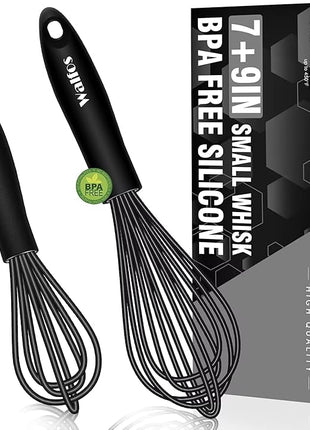 Walfos Silicone Whisk,7+9in Mini Whisk,BPA Free,Small Whisks for Non-Scratch,Heat Resistant (450°F) Nice for stirring individual eggs and mixing small amounts of powder and sauce.Dishwasher Safe.Black