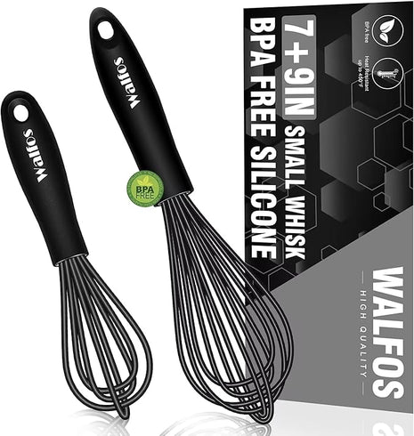 Walfos Silicone Whisk,7+9in Mini Whisk,BPA Free,Small Whisks for Non-Scratch,Heat Resistant (450°F) Nice for stirring individual eggs and mixing small amounts of powder and sauce.Dishwasher Safe.Black