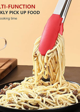 NileHome 4 Pack Silicone Spatula and Grilling Tongs Kitchen Utensils with Silicone Brush Heat Resistant BPA-free Rubber Spatula for Scraping, Baking, Cooking, Mixing-Red