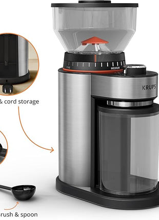 KRUPS Flat Burr Coffee Grinder Electric, 18 Adjustable Grind Settings, 2-20 Cups per Grind, Single Touch, Coffee Bean and Spice Grinder, Stainless Steel, Black