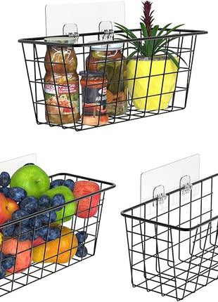 MaraFansie Over the Cabinet Door Organizer Wall Wire Baskets Hanging Kitchen Basket Shelf for Cabinet & Pantry Organization and Kitchen, Bathroom, Bedroom Storage, with Adhesive, Black, 3 Pack