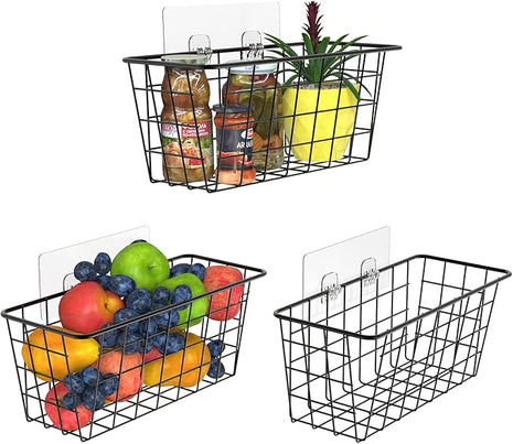 MaraFansie Over the Cabinet Door Organizer Wall Wire Baskets Hanging Kitchen Basket Shelf for Cabinet & Pantry Organization and Kitchen, Bathroom, Bedroom Storage, with Adhesive, Black, 3 Pack