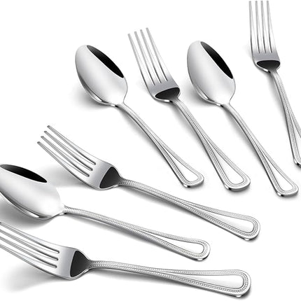 24 PCS Spoons and Forks Set, Food Grade Stainless Steel with Pearl Dot Design Handle Silverware Set, Mirror Polished Dishwasher Safe, Silverware Forks and Spoons for Home or Restaurant