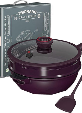 TIBORANG 8 in 1 Multipurpose 11 Inch 5 Quart Heat Indicator Nonstick Deep Frying Pan with Glass Lid,Steamed Grid,PFOA-Free,Dishwasher&Oven Safe,Works with All Stovetops (Midnight Purple)