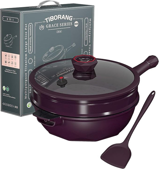 TIBORANG 8 in 1 Multipurpose 11 Inch 5 Quart Heat Indicator Nonstick Deep Frying Pan with Glass Lid,Steamed Grid,PFOA-Free,Dishwasher&Oven Safe,Works with All Stovetops (Midnight Purple)