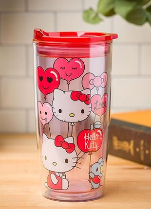 Silver Buffalo Sanrio Hello Kitty Valentine’s Day Heart Balloons Double Wall Travel Tumbler with Slide Close Lid, 20 Ounces