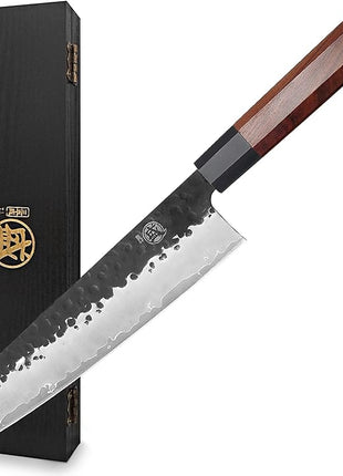 MITSUMOTO SAKARI Kiritsuke Chef Knife 9 inch - Hand Forged Japanese Kitchen Knives, 3-Layer 9CR18MOV High Carbon Steel, Rosewood Handle & Sandalwood Box