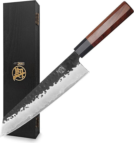 MITSUMOTO SAKARI Kiritsuke Chef Knife 9 inch - Hand Forged Japanese Kitchen Knives, 3-Layer 9CR18MOV High Carbon Steel, Rosewood Handle & Sandalwood Box