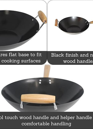 Imusa 14in Carbon Steel Nonstick Wok with Wood Handles, Black