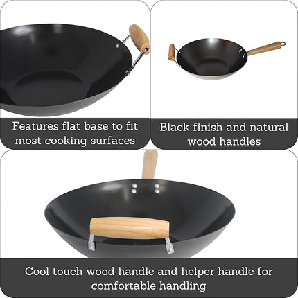 Imusa 14in Carbon Steel Nonstick Wok with Wood Handles, Black