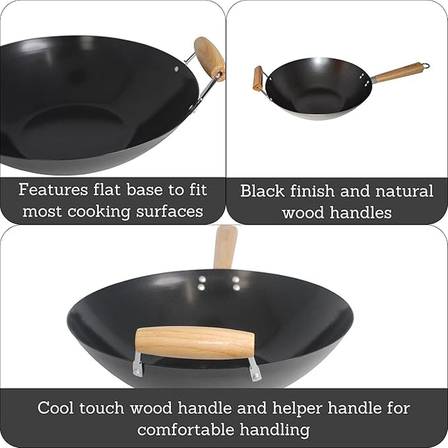 Imusa 14in Carbon Steel Nonstick Wok with Wood Handles, Black