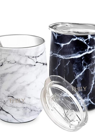 THILY Vacuum Insulated Stemless Wine Tumbler 12 oz Stainless Steel Wine Glass with Lid and Straw, Keep Drinks Cold or Hot, Christmas Birthday Gift, 2 Pack(White Marble + Black Marble)
