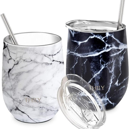 THILY Vacuum Insulated Stemless Wine Tumbler 12 oz Stainless Steel Wine Glass with Lid and Straw, Keep Drinks Cold or Hot, Christmas Birthday Gift, 2 Pack(White Marble + Black Marble)
