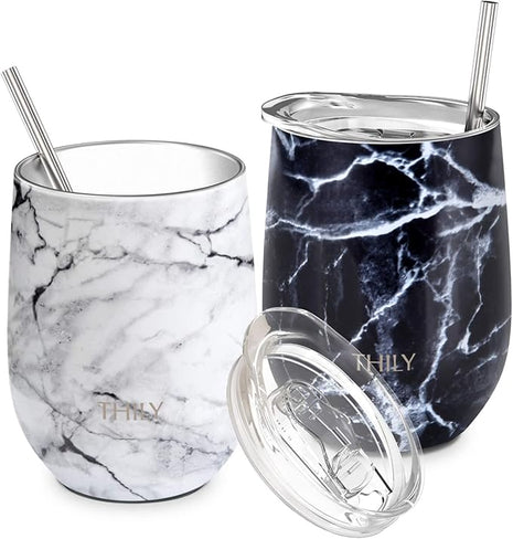 THILY Vacuum Insulated Stemless Wine Tumbler 12 oz Stainless Steel Wine Glass with Lid and Straw, Keep Drinks Cold or Hot, Christmas Birthday Gift, 2 Pack(White Marble + Black Marble)