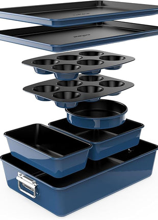 NutriChef 8-Piece Nonstick Stackable Bakeware Set - PFOA, PFOS, PTFE Free Baking Tray Set w/Non-Stick Coating, 450°F Oven Safe, Round Cake, Loaf, Muffin, Wide/Square Pans, Cookie Sheet (Blue)