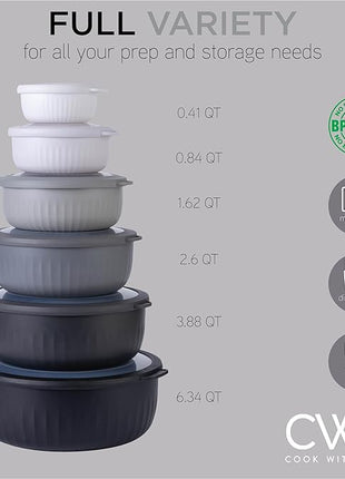 COOK WITH COLOR Prep Bowls with Lids- Wide and Deep Nesting Plastic Small Mixing Bowl Set with Lids, 12 Piece Set - Wide Bowls, Black/White