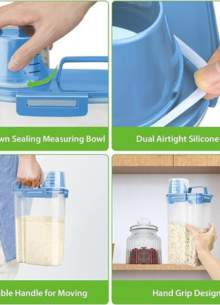 Rice Airtight Storage Container, 3 to 5Lbs Cereal Dry Food Flour Bin, Pet Dog Cat Food Dispenser with Measuring Cup, BPA Free Clear Plastic Kitchen and Pantry Organization Bin for Sugar, Pasta