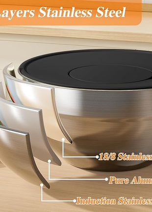 Mixing Bowls with Lids Set, 6 PCS Stainless Steel Mixing Bowls with 3 Grater Attachments, Kitchen Food Storage Organizers Nesting Mixing Bowl, Large Size 4.5, 3.5, 2.1, 1.5, 1.1, 0.7QT-Black