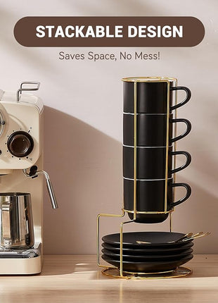 Lareina 8 Ounce Porcelain Cappuccino Cups Set of 4, Stackable Coffee Cups with Saucers, Spoons and Metal Stand -for Specialty Coffee Drinks, Cappuccino, Latte, Americano and Tea, Black